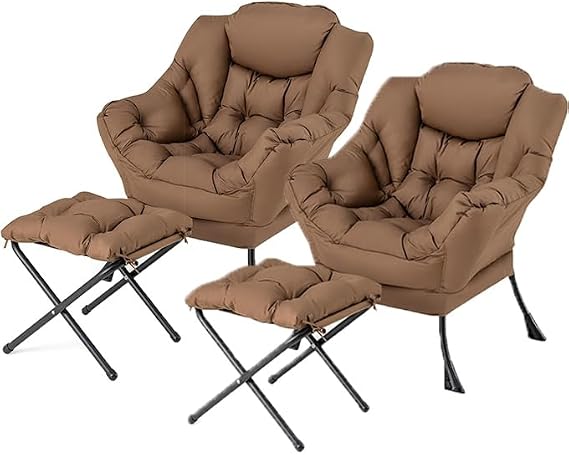 KOMFOTT Lazy Chair with Ottoman Set of 2, Leisure Upholstered Reading Sofa Chair with Armrests & Side Pocket, Modern Lounge Accent Chair with Folding Footrest for Living Room, Bedroom, Balcony, Brown