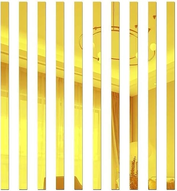 10Pcs Mirror Wall Stickers, Striped Design, Mirror Art Tile Decal DIY Self Adhesive Wall Line Border Decals, Removable Acrylic Mirror Sheets Wall Sticker, Wall Stickers for Home Decor 5 * 20cm (Gold)