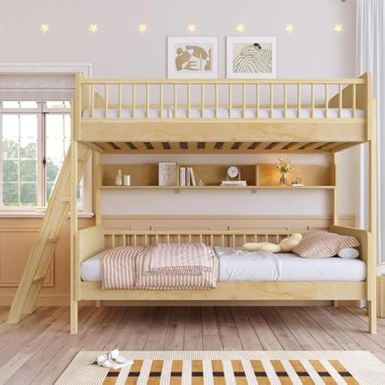 Twin Over Twin Bunk Bed with Storage Shelves, Solid Wood Bunk Bed with Storage and Ladder, Guardrails, No Box Spring Needed Natural Wood