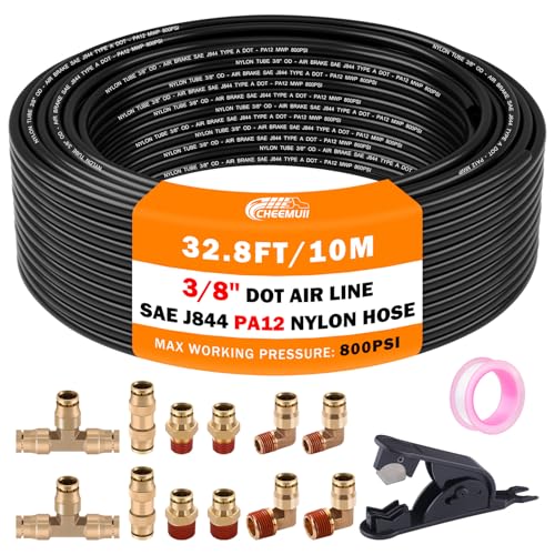 CheeMuii 3/8 Brass DOT Air Fittings With 32.8FT 3/8" DOT Air Line Kit Quick Connect DOT Air Line Fittings and PA12 Pneumatic Tubing for Semi Truck Trailer or Industrial Air System