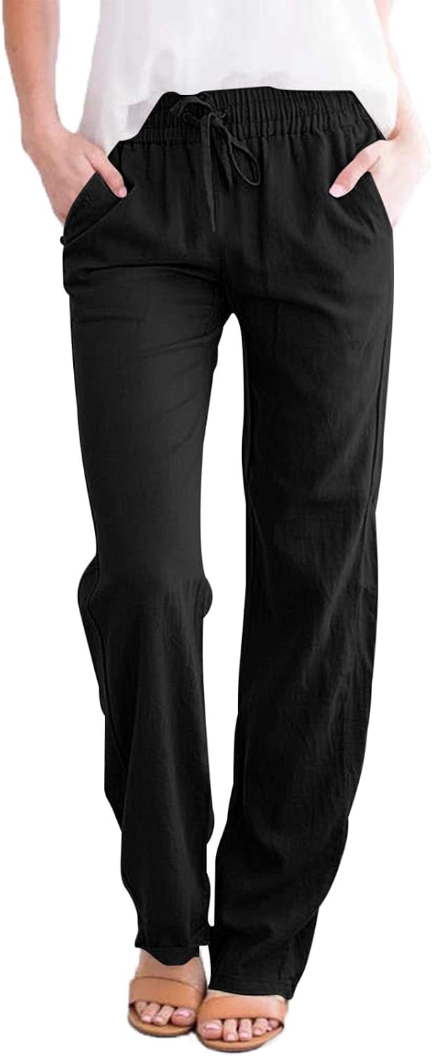 Tincini Linen Trousers Women's Trousers Summer Muslin Linen Trousers Fabric Trousers Plain Casual Trousers Straight Cut Beach Trousers Summer Trousers with Pockets