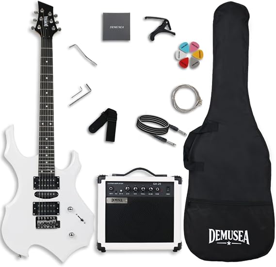 Full Size Fire Flame White Electric Guitar Kit With 20W Amp HSH Pickup 24F Single tremolo 1V 1T 5 Ways Toggle Solid Popular Body Maple Neck Bag Strap Noiseless Cable Capo String Picks As Free