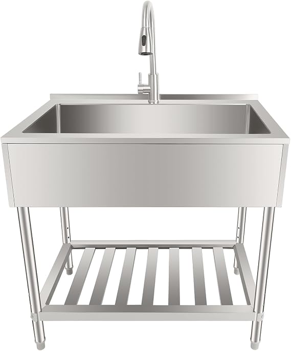 Utility Sink, 35.8" L x 23.2" W x 34.3" D Free Standing Single Bowl Kitchen Sink with Cold and Hot Water Faucet, Commercial Stainless Steel Laundry Tub for Kitchens, Bathrooms, Garage, Laundry Room