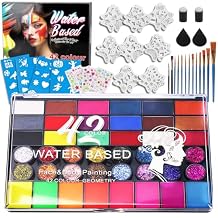 42 Color Face Painting Kit Water Activated Facepaint Makeup Set Professional, Non-Toxic Face Paint with Stencils, Gems, Brushes for Halloween, Carnival, Costume, Party & Festivals