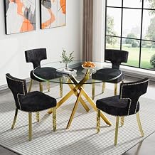 Henf 47.25" Round Dining Table Set for 4, 5-Piece Modern Glass Dining Table and Linen Dining Chairs Set of 4, Round Gold Table and Black Chairs Set with Steel Legs for Kitchen Dining Room