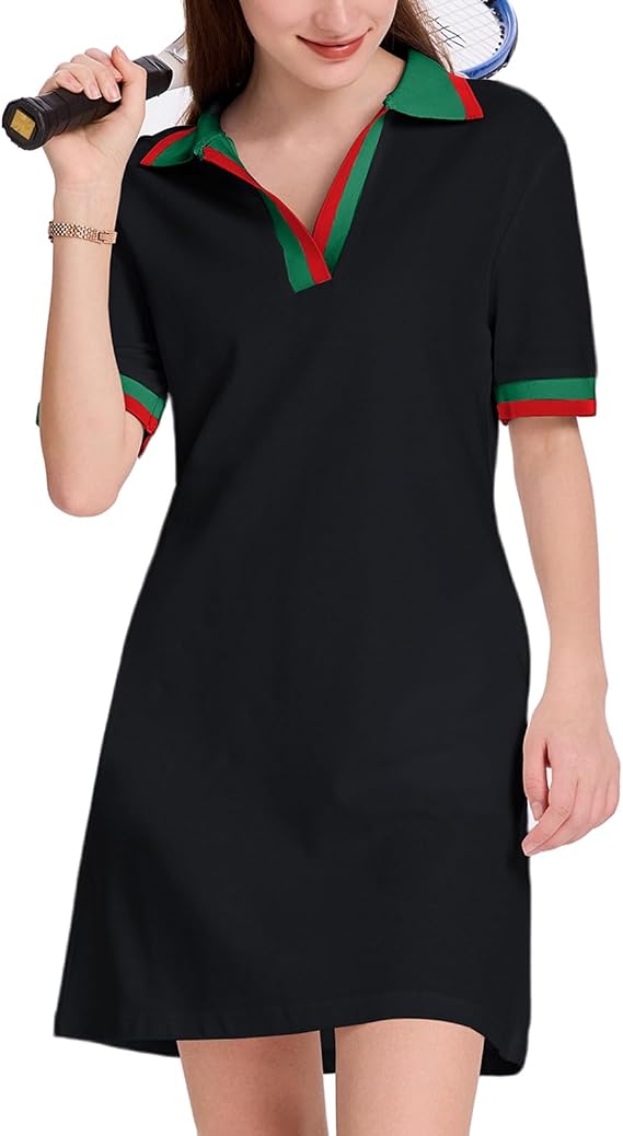 WOWULOVELY Polo Dress for Women V Neck Casual Short Sleeve Mini Shirt Dress Flowy Contrast Color Golf Tennis A Line Dresses