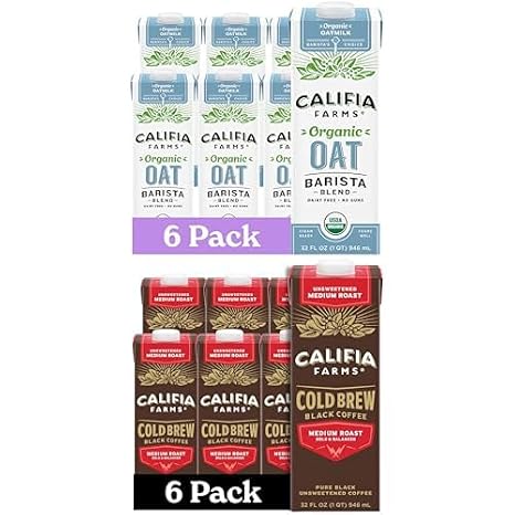 Bundle of Califia Farms Organic Oat Barista Blend, 32 oz (Pack of 6) + Califia Farms Pure Black Medium Roast Cold Brew Coffee, 32 Oz (Pack of 6)