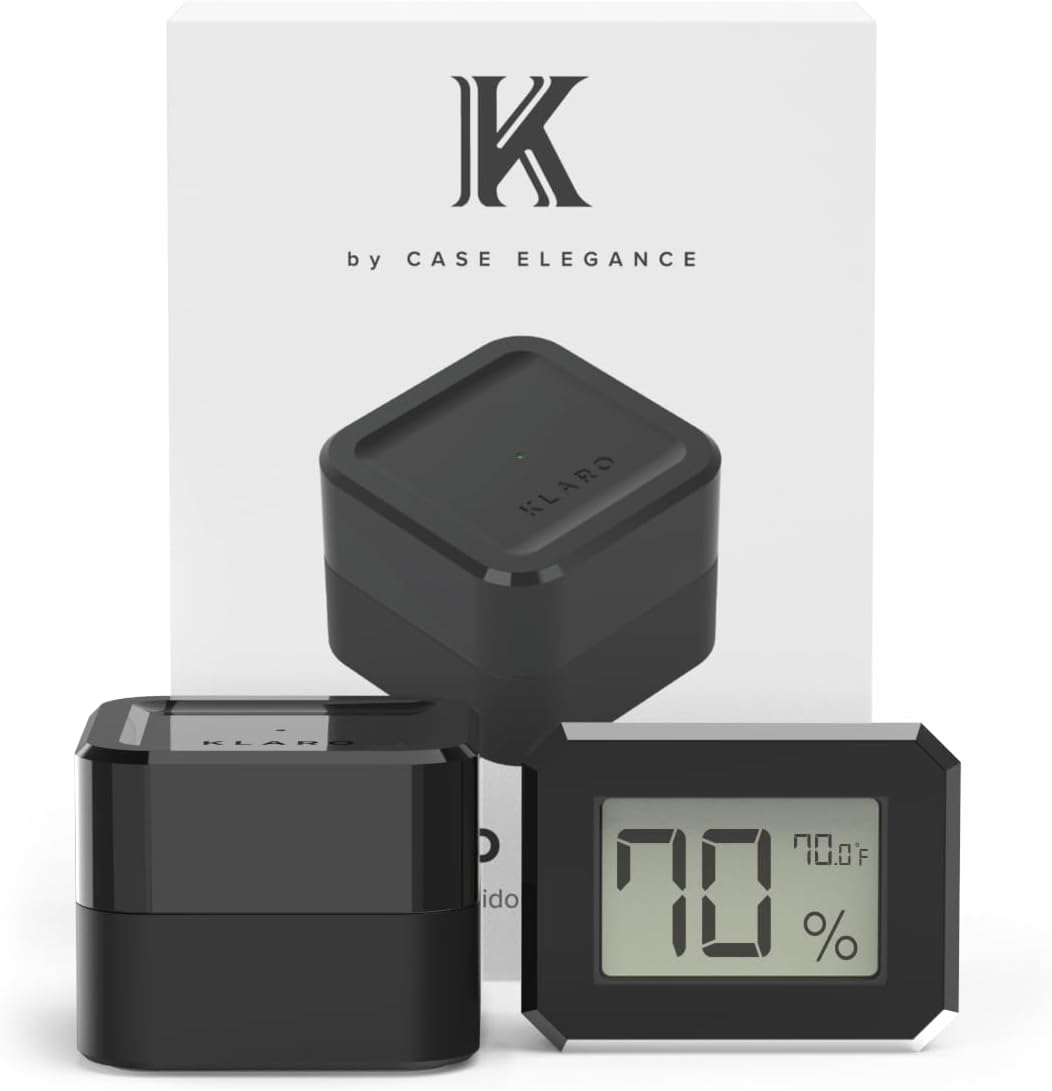 Klaro Valet - Octagonal Smart Humidity & Temperature Hygrometer Sensor, App Notifications, Guided Seasoning, WiFi Bridge & Digital Display for 247 Remote Monitoring - Black Finish iOS & Android App