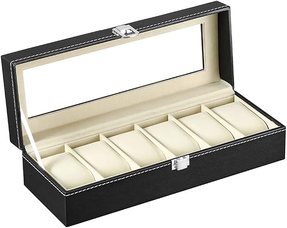 Watch Box Men's Watch Box for 6 Watches with Glass Window Made of PU Leather and Velvet from Watches and Jewellery Storage (Black-W04B)