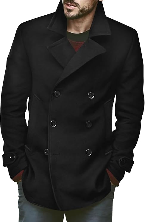 Bbalizko Mens Classic Pea Coat Notched Collar Double Breasted Slim Fit Winter Warm Heavyweight Trench Coats