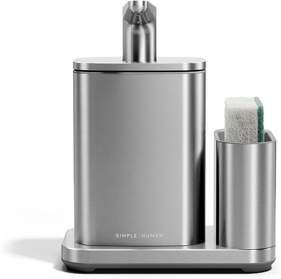 simplehuman Pulse Pump with Sponge Caddy, 16 oz Manual Dish Soap Dispenser for Kitchen Sink, Smooth & Precise Push-Down Action, No-Drip Spout, Integrated Sponge Holder, Brushed Stainless Steel