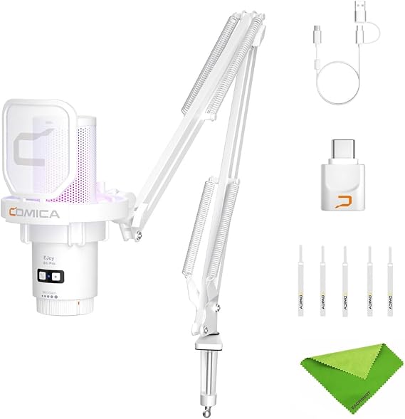 comica EJoy Uni Pro (A)-Wireless White Microphone for Computer and Smartphone,48Khz/24Bit RGB Cardioid Condenser Gaming Mic for Podcasting,Streaming,Recording,Music Creation,with Boom Arm Stand