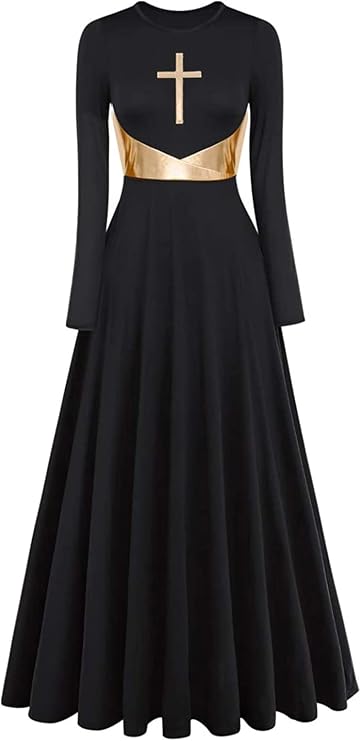 Womens Metallic Cross Worship Praise Dance Dress Full Length Lyrical Dancewear Church Liturgical Robe Dress