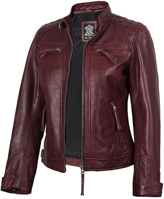 Blingsoul Women's Leather Jacket - Quilted Real Lambskin Cafe Racer Biker Style Jacket for Women