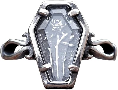 Gothic Coffin Ring with Flower and Glass for Man Woman Fashion Couple Wedding Jewelry Girlfriend Gift, Stainless Steel, Silver
