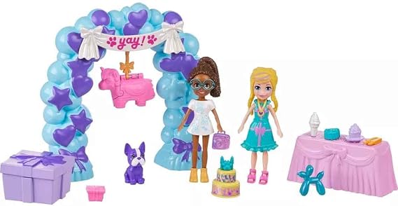 POLLY POCKET™ POLLY™ Doğum Günü Partisi Paketi Polly Pocket Doğum Günü Partisi Paketi, bebek ve evcil hayvan oyun seti, moda ve yiyecek temalı aksesuarlar, seyahat oyuncağı JCC33