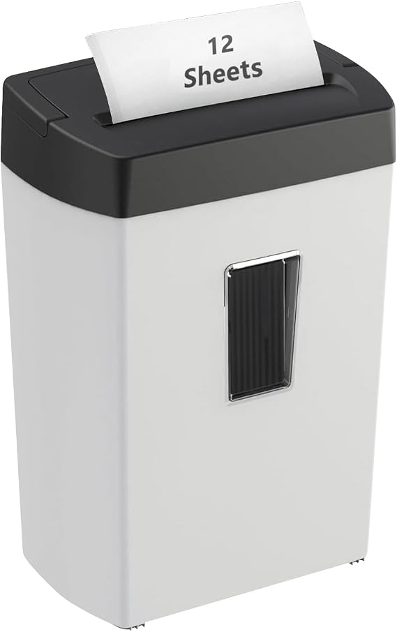 Bonsaii 12-Sheet Cross-Cut Paper Shredder, P-4 Security, Credit Card & Document Shredder for Home/Office, 6-Min Run with Overheat Protection, Compact Handle, 5.5-Gal Bin, Black/White