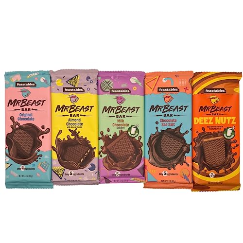 Feastables Mr Beast Chocolate Bars NEW Deez Nuts Peanut Butter Milk Chocolate, Original Dark, Milk Chocolate, Sea Salt and Almond Chocolate Bars 5 Pack