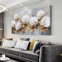 LASMOND Abstract White and Golden Floral Flower Wall Art for Living Room Office Nature Art Deco Colorful Plant Painting Prints Modern Canvas Artwork Over the Couch Bedroom Decor