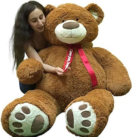 Custom Personalized 5 Foot Very Big Smiling Teddy Bear Five Feet Tall - Your Name or Message Imprinted on Bear's Neck Ribbon Bow - Cookie Dough Brown Color with Bigfoot Paws Giant Stuffed Animal Bear