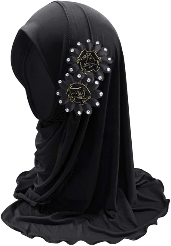 OhMill Kids Girls Floral Hijab, Muslim Khimar Hijab Headscarf for 2-7 Years | Breathable Soft Islamic Arab Head Scarf, Shawl With Flowers Rhinestone for Ramadan Mosque Prayer