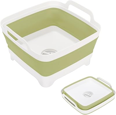 Collapsible Dish Basin, 2.4 Gallon Foldable Kitchen Sink with Drain Plug for Space-Saving Dish Washing, Vegetable & Baby Bottle Cleaning