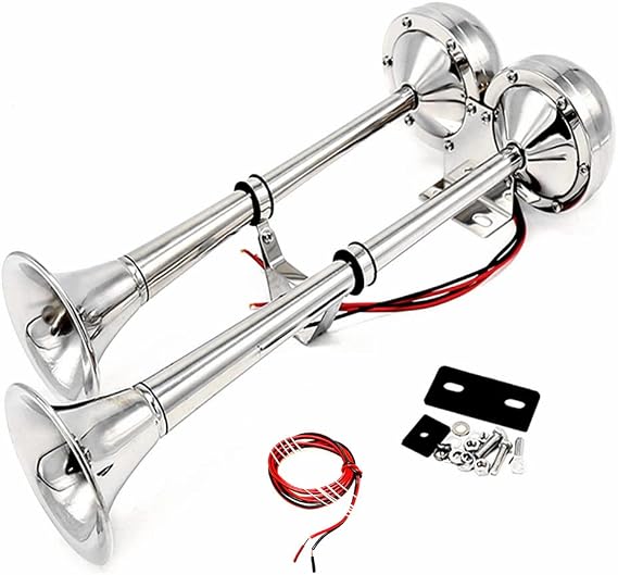 Autohupe Bootshupe Auto Elektrohupe 165 DB Schiffshupe Doppelrohrhupe Silber LKW Hupe Autolautsprecher Edelstahl 304 Trompetenhupe Car Horn Lufthupe Hörner für 12V Auto Yacht Zug Boot LKW etc