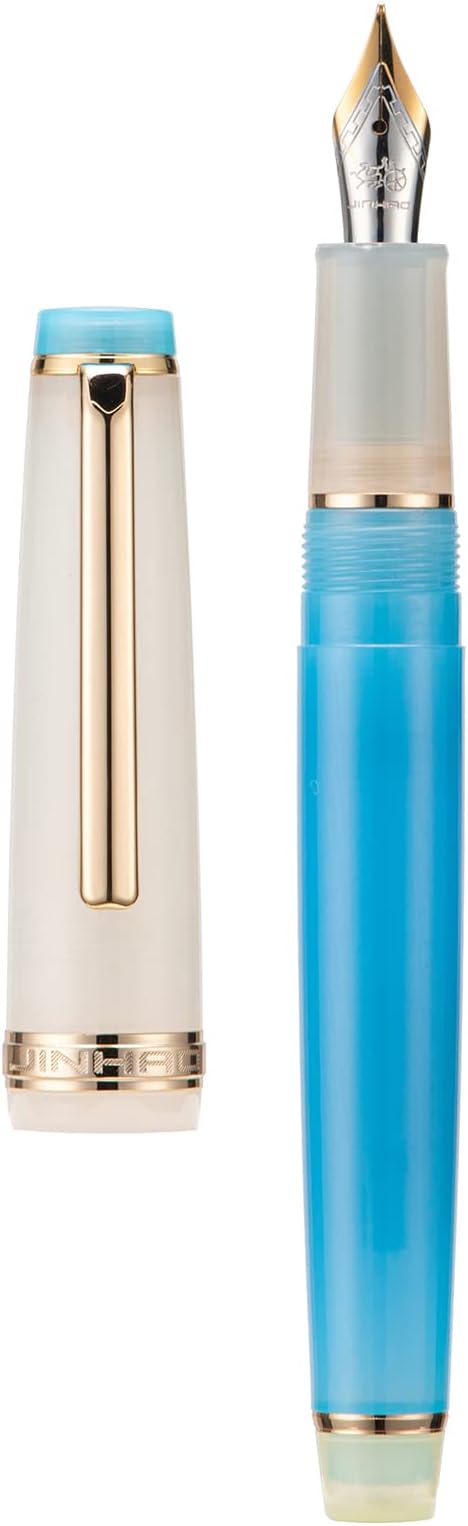 Jinhao 82 Acrylic Fountain Pen, Iridium Medium Nib with Ink Converter, Macaron Aqua Blue Contrast Color Classic Design Smooth Writing Pen (Gold Trim)
