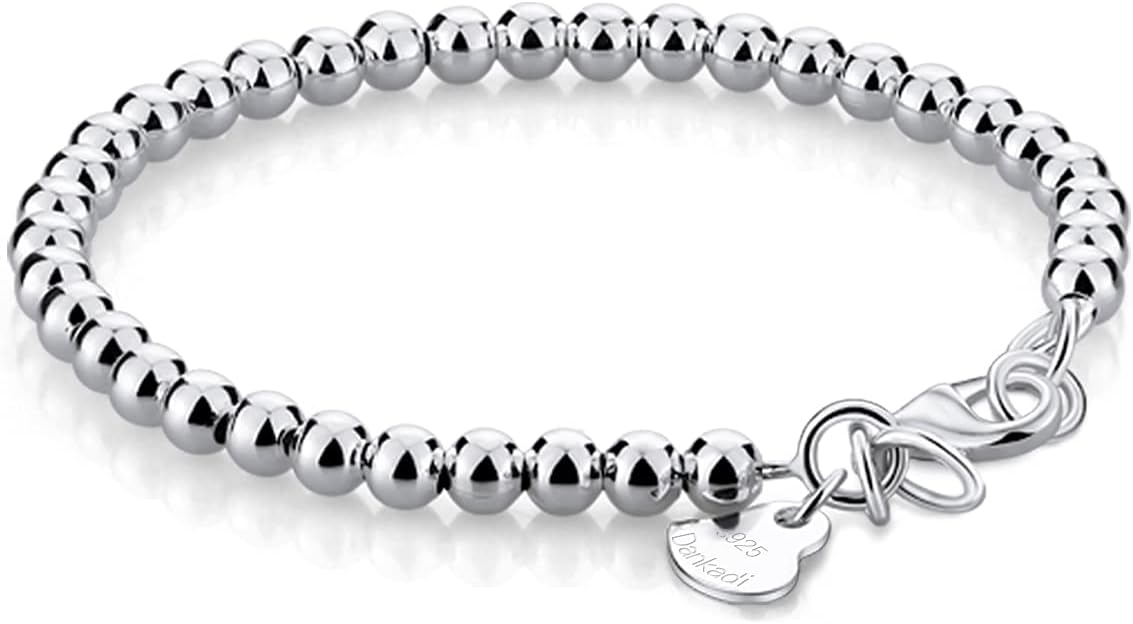 Dankadi Women 925 Sterling Silver Round Bead Bracelet Minimalist 4-6MM 13-21CM Bell and Heart Pendant Prayer Beads Link Chain Bracelet Men Charm Jewelry Gift