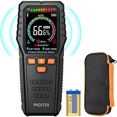 Proster Pinless Wood Moisture Meter - Non Destructive Moisture Tester for Wood Wallboard Masonry, Detect up to 34 Inch Below Surface, Backlit Color LCD, Visual Audible Alarm