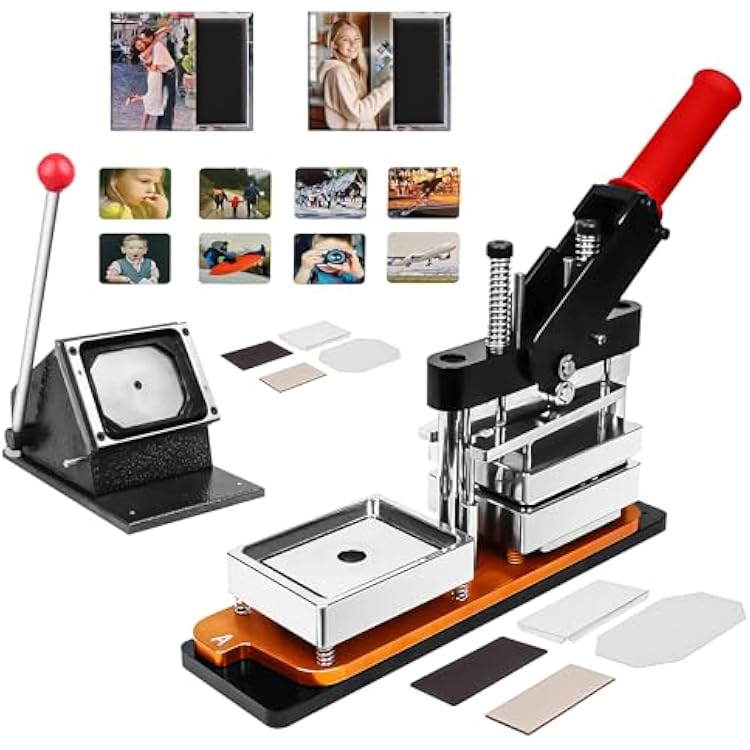 DIY Square Fridge Magnet Maker Machine - 3.54x2.56 Inch ABS Lightweight Badge Press with Paper Cutter & 100pcs Materials, for PhotoRefrigerator Stickers A