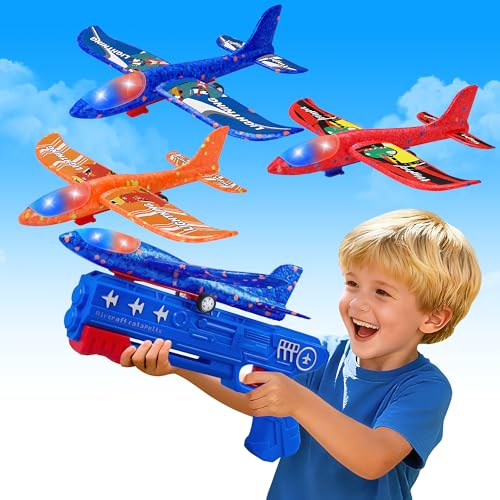 LJZJ 3 Pack Airplane Launcher Toys, 2 Flight Modes LED Foam Glider Catapult Plane, Outdoor Flying Toy for Kids, Birthday Gifts for Boy Girl 3 Year Old, B-Day Party Supplies