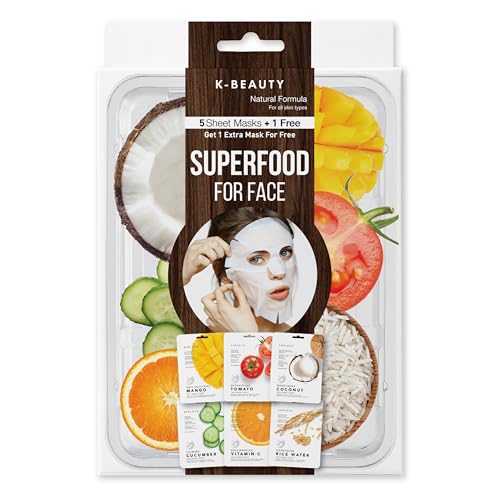 Saplaya K-Beauty Facial Skincare Natural Beauty Multi-Pack Face Sheet Masks Balanced Skin Care Made In South Korea Superfood Pumpkin, Coconut, Cucumber, Vitamin-C, Aloe, Rice