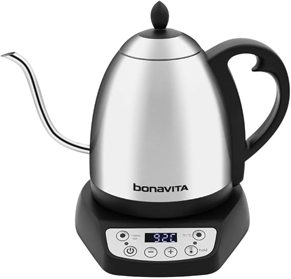 Bonavita 1L Digital Variable Temperature Gooseneck Electric Kettle for Coffee Brew and Tea Precise Pour Control, 6 Preset Temps, Cafe or Home Use, 1200 Watt, LED Panel, Stainless Steel