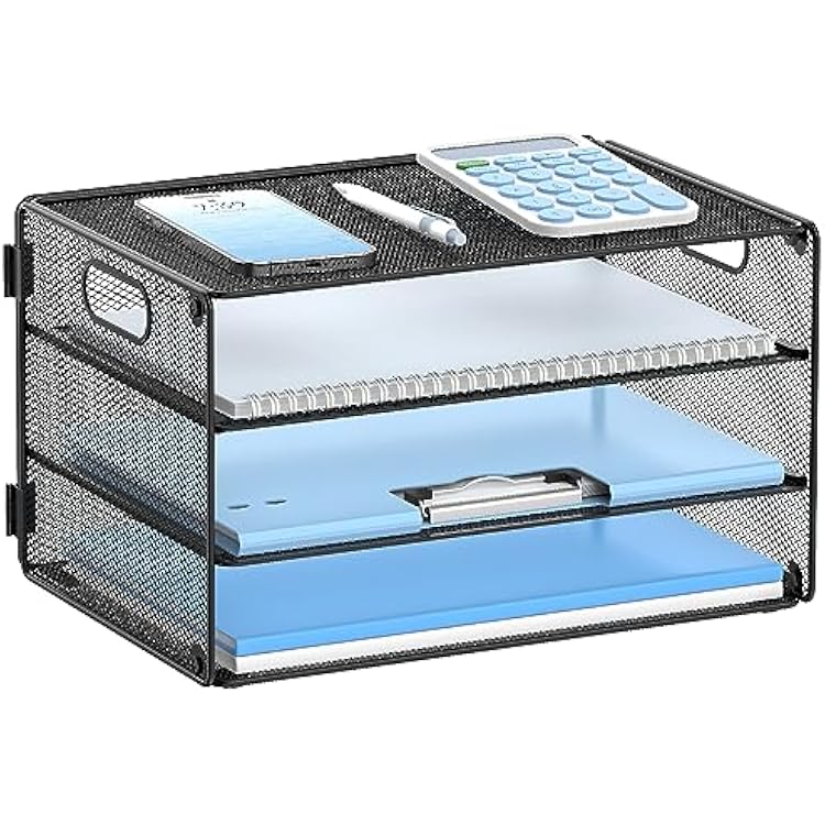 DALTACK 3 Tier Letter Tray Paper Organizer with Handle, Mesh Desk File Organizer, Paper Tray Desk Organizer for School Office Home, Metal Mesh, Black