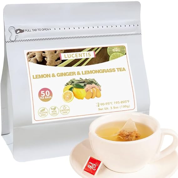 Lemon Ginger Lemongrass Herbal Tea 3.5oz/100g (50 Pyramid Tea Bags) Natural, Caffeine-Free, Non-GMO, Supports Digestion & Relaxation