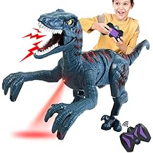 Large Remote Control Velociraptor Toy - Realistic Jurassic Walking Dinosaur with Lights & Sounds - STEM Toy for Boys Ages 5-7 & 8-12 Blue