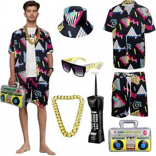 Mens 80s 90s Short Outfit, Summer 7 Pieces, Retro Shirts and Shorts Set with Gold Chain Sunglasses Schwarz,M