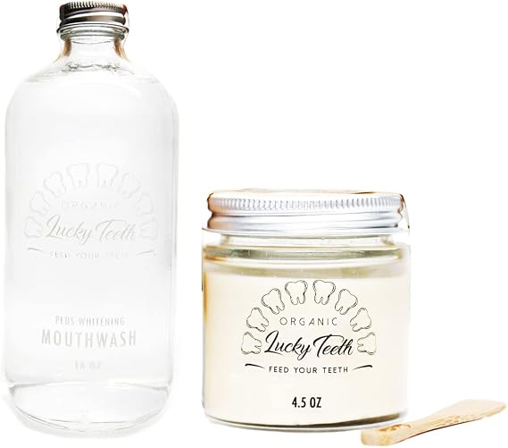 Organic MouthaWash - Plus WHITENING + Remineralizing Toothpaste Pack- Whitens, Refreshes. Food Grade Peroxide + Essential Oils. Vegan and Cruelty Free. Glass Jar (16 oz) (Regular, 4.5 oz)