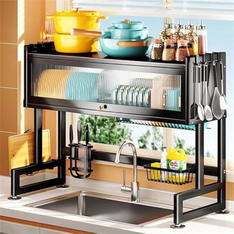 Over Sink Dish Drying Rack with Cover, 2 Tier Large Storage Kitchen Sink Organize Stand Shelf Space Saver Metal Dish Drying Rack for Kitchen Counter,Black,L 85cm33.5