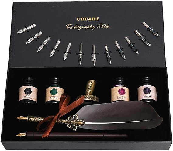 Calligraphy Set Include Antique Feather Pen,Handcraft Wooden Pen,14 Nibs,4 Bottles Inks, Pen Holder and Calligraphy Instruction, Quill Ink Set Gift for Beginners Birthday