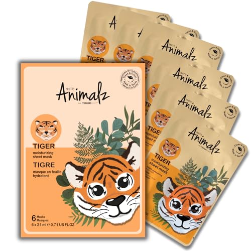 masque BAR Pretty Animalz Animal Character Sheet Mask, Korean Skin Care, Korean Spa Masks for All Skin Types, Spa Gifts, Birthday Party Gifts, Girls Night, Skincare Party, Tiger Pack of 6
