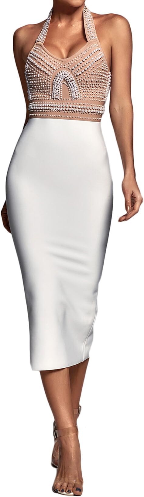 Halter Wedding Guest Dress for Women Bandage Dress with Pearls Fashion Evening Dress