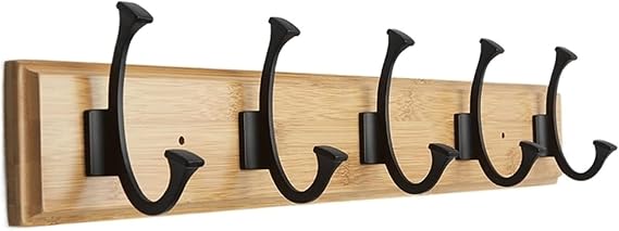 Wall Mount Hanger 5 Dual Hook Coat Hooks Bamboo Coat Hanger Wall Mounted Clothes Hanger Hanging Drying Rod for Entryway Bedroom Bathroom