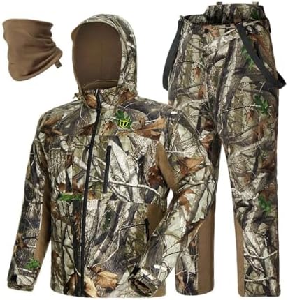TIDEWE Hunting Clothes for Men with Face Mask, Silent Waterproof Hunting Jacket and Adjustable Bibs, Safety Strap Compatible