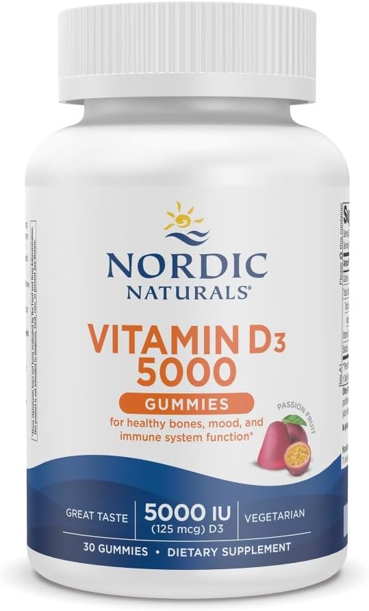 Nordic Vitamin D3 5000 IU Gummies, Bones Mood Immune Support - 30 Count | vitamin D3 per serving. Supports bone health, mood & immunity. Passion fruit gummies. Vegetarian, Non-GMO. 30 count.