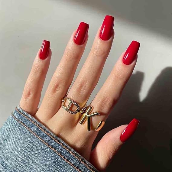 RikView Medium Red Acrylic Coffin Nails for Women - 24 PCs/Set (Glossy)