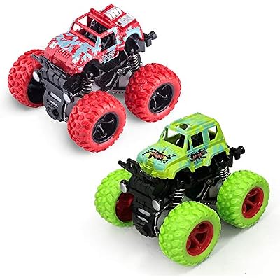 2PCS Monster Trucks Toys for 3 Year Old Boys, Pull Back Cars Toy for Toddler, Friction Powered Monster Truck,Cars Birthday for Kids Ages 3 4 5 6 7 Boys and Girls Red and Green