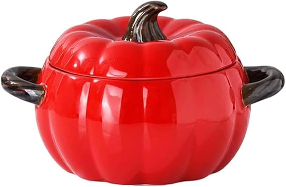 Dutch Pot with Lid, Pumpkin Shaped Ceramic Dessert Bowl, Cute Cushaw Bowl, Pumpkin Shaped Clay Pot Safe for Microwave and Dishwasher, Ideal Kitchen