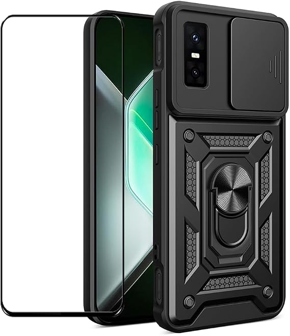 Case for Infinix GT 30 pro 5G with Tempered Glass Screen Protector,Sliding Camera Window, Kickstand, Shock-Proof Anti-Scratch Dual-Layer Phone Cover,Black